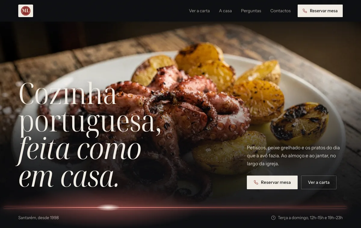 The website of a sample restaurant, in the Cinema style